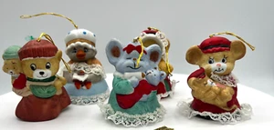 Vintage JASCO Caring Critter Chimers Bisque Porcelain Bell Ornaments-set of 5 - Picture 1 of 8