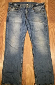 True Religion Jeans Mens 38 Blue Straight Leg Flap Pockets Vintage Actual 40x32 - Picture 1 of 5