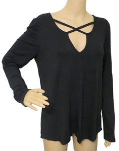Women's Medium Altar'd State Long Sleeve Black Top Criss-Cross Cut-Out Neckline - Picture 1 of 11