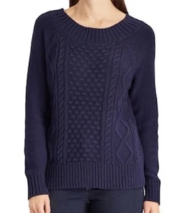 Neu mit Etikett Chaps Damenpullover mit Zopfmuster und Rundhalsausschnitt – Large – blau - Bild 1 von 5