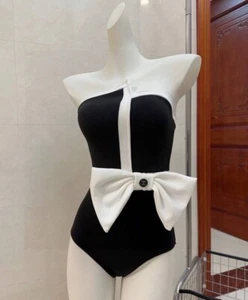 CHANEL Bow Swimsuit One Shoulder Black White Monokini - Picture 1 of 7