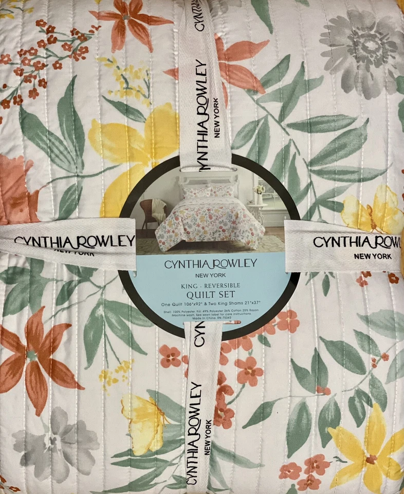 JUEGO DE EDREDÓN CYNTHIA ROWLEY AMARILLO NARANJA FLORAL KING CON FUNDAS Foto 1 de 2