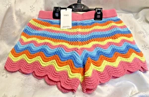 Stylish M&S Colourful Crochet Striped Shorts age 15/16yrs Pink/Blue/Lemon BNWT - Picture 1 of 6