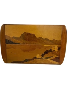 Vintage Wooden Serving Tray Marquetry Loch Maree Landscape Scotland Handcrafted - Picture 1 of 6