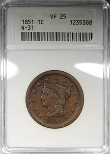 1851 Braided Hair Large Cent ANACS VF25 Newcomb 31 Soapbox Holder - Picture 1 of 4