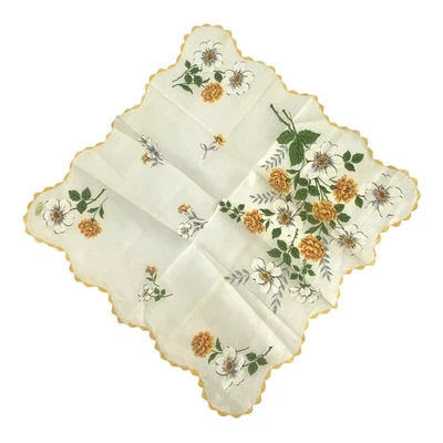 Pañuelo De Colección Blanco Amarillo Margarita Floral Borde Festoneado Todo Algodón Cottagecore Foto 1 de 4