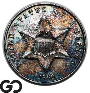 1860 Three Cent Silver Piece PROOF, Outstanding Toner, Gem PR++ - Picture 1 of 3