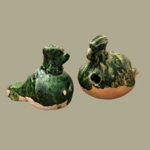 Pair of vintage antique primitive clay pottery bird whistles green glaze rustic - Picture 1 of 6