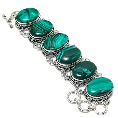 Brazalete de joyería diaria de plata maciza 925 hecho a mano con piedras preciosas de malaquita para regalo Foto 1 de 4