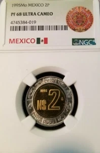 1995 Mo MEXICO 2 PESOS BI METALLIC NGC PF 68 ULTRA CAMEO HIGH GRADE LOW MINTAGE - Picture 1 of 3