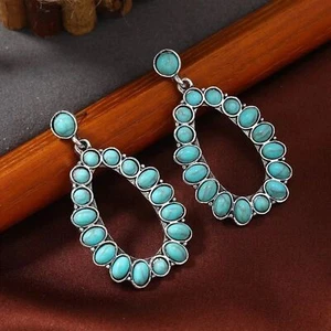 Western Southwestern Aged Silver & Turquoise Oval Dangle Earrings NEW - Picture 1 of 7