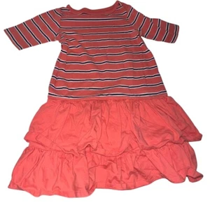 Tea Collection Girls Ruffle Skirt T Shirt Dress Sz 7 Coral Navy White Stripe - Picture 1 of 6