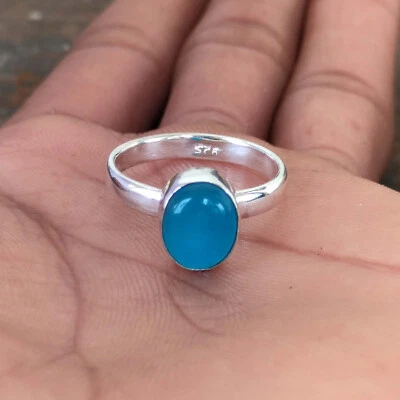 Anillo minimalista llamativo banda ovalada calcedonia azul plata de ley 925 SP147 Foto 1 de 4