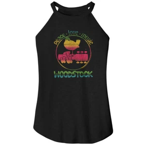 Woodstock 1969 Logo Peace Love & Music Women's Rocker Tank T Shirt Guitar Neck - Picture 1 of 3