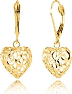 14K Yellow Gold Filigree Heart Shape Dangle Earrings - Picture 1 of 4