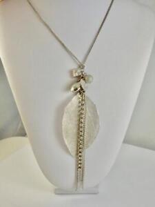 Silver Tone Link Long Chain Filigree Leaf & Charms Necklace 29"