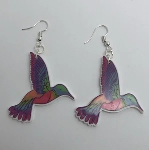Pink hummingbird Huge Giant Large Earrings 8 Cm Long Toy J410 Fun Resin Rainbow - Picture 1 of 5
