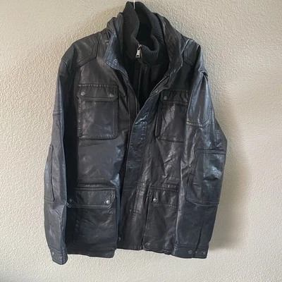 Jaqueta de couro vintage Danier masculina GG preta forro de lã bolsos de carga Canadá - Imagem 1 de 4