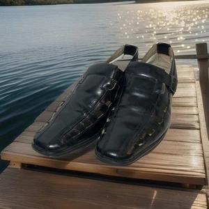 Stacy Adams Mens Black Leather Calax Fisherman Sandals Sz 14 M Stretch Buckle - Picture 1 of 16