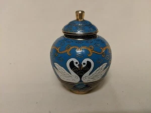 Vintage Solid Brass Cloisonne White Swan Pair & Reeds Small Lidded Urn/Jar - Picture 1 of 4