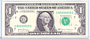 2017 $ 1 Federal Reserve Note UNC Fancy IN DER NÄHE SOLIDE 5-STELLIGE Seriennummer #G83333315C - Bild 1 von 2