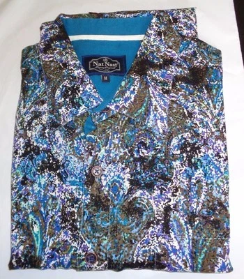 New! NAT NAST Retro 60's PAISLEY Blue Aqua Purple Black Taupe White 100% Linen M - Image 1 of 2