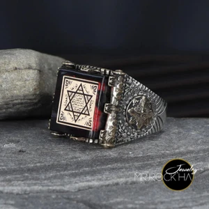 Seal of Solomon,Square Red Amber Stone,Handmade Engraving,925K Silver Men's Ring - Picture 1 of 12