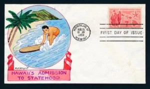 U.S. C55 Wm. Wright hand painted FDC, Hawaii, surfing - Picture 1 of 1