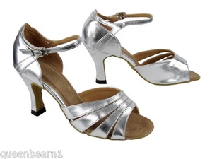 1680 Silver Leather Swing Salsa Mambo Latin Dance Shoes heel 3 Size 9 Very fine - Picture 1 of 2