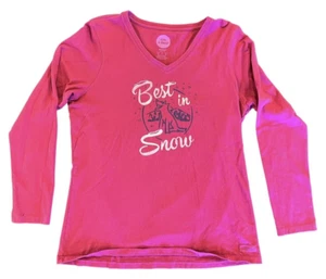 Life Is Good Long Sleeve Shirt Women’s SZ L Pink Best in Snow Dog Winter V Neck - Picture 1 of 8