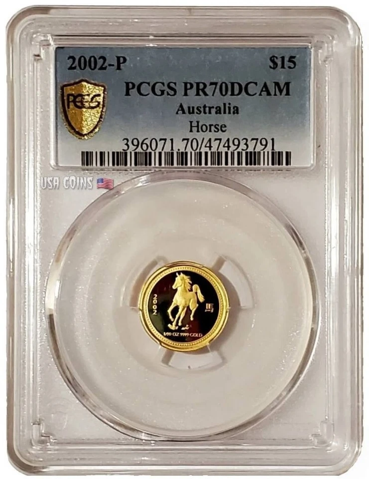 2002 1/10 Oz GOLD $15 Australia YEAR OF THE HORSE Serie 1 PCGS PR70DCAM Coin. - Image 1 of 4