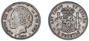 2 Silver Pesetas / 2 Pesetas Plata. Alfonso XIII. 1894*. VF+ - Picture 1 of 1