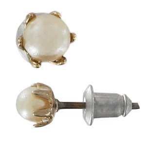Classic Gold Tone Prong Faux Pearl Pierced Earrings Stud 3mm Small - Picture 1 of 3