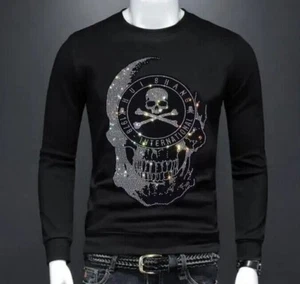 New Men Luxury Diamond Gothic Rhinestones Fashion Black Hoodie  High Quality - Picture 1 of 14