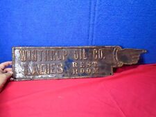 Early Gas Station Tin Sign Ladies Rest Room Pointing Finger WINTHROP OIL CO.