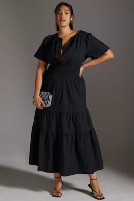 Anthropologie Black Cotton Short Sleeve Tiered A-Line Somerset Maxi Dress LG - Image 1 of 4