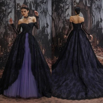Vintage Purple Black Wedding Dress Long Sleeves Lace Sequin Layered Bridal Gowns - Image 1 of 4