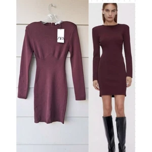 ZARA stretchiges figurbetontes Strick Minikleid Schulterpolster weinrot/braun S - Bild 1 von 12