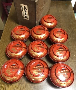 Japanese Red × Gold Mt.Fuji Maki-e Soup Bowl Lidded φ5.0×3.3in 10Set W/ Wood Box - Picture 1 of 18