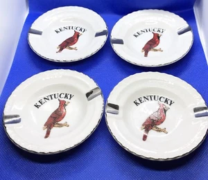 4 Vintage Kentucky Ashtray Ceramic Round White with Silver accents Cardinal Bird - Picture 1 of 5