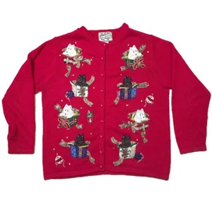 Vtg Women's Red Ugly Christmas Sweater Knit Cardigan Westies Dogs Presents Sz M - Picture 1 of 8