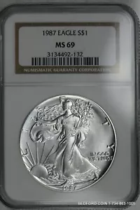 NGC MS69 1987 AMERICAN SILVER EAGLE DOLLAR $1  (BC32) - Picture 1 of 2
