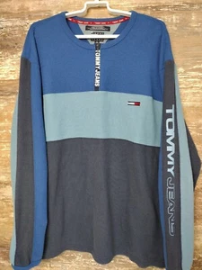 Vintage Tommy Jeans Hilfiger Blue Long Sleeve Polo Shirt Logo Flag XXL 2XL Zip - Picture 1 of 12