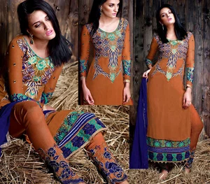 BROWN GRGT w EMBR INDIAN PAKISTANI READYMADE LONG SALWAR KAMEEZ SUIT LADIES DEN - Picture 1 of 3