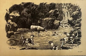 1892 At Bay By A.C Havell Original Duotone Lithograph, Dogs, Deer, Stream - Picture 1 of 1