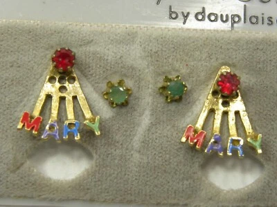 Juego de aretes vintage Carol Dauplaise tono dorado estrás nombre MARÍA esmalte Foto 1 de 4
