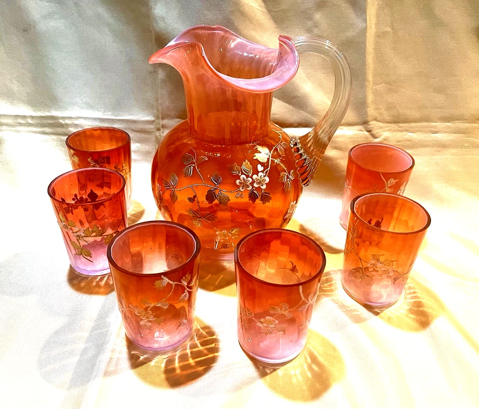 Jarra de vidrio arte floral pintada a mano Loetz Makart bohemia temprana y 6 vasos Foto 1 de 4