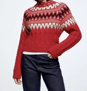 Zara Cableknit Jacquard Red Fair Isle Sweater Cropped Wool Blend. Size M - Picture 1 of 10