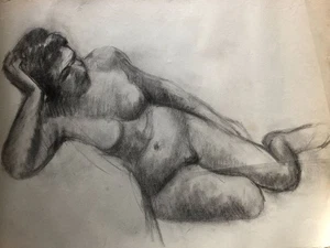 Simone Barbié — nu allongé — fusain sur papier Ingres — 48x64 cm — timbre au dos - Picture 1 of 7