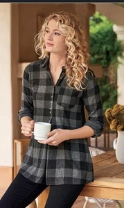 Soft Surroundings Tunic Top Wm XL Mad About Plaid Flannel Longline Black Gray - Picture 1 of 10